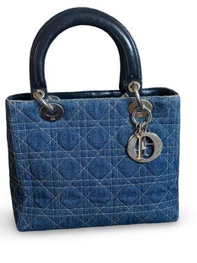 Christian Dior Lady Dior Denim Cannage Medium Bag Blue Top Handle
